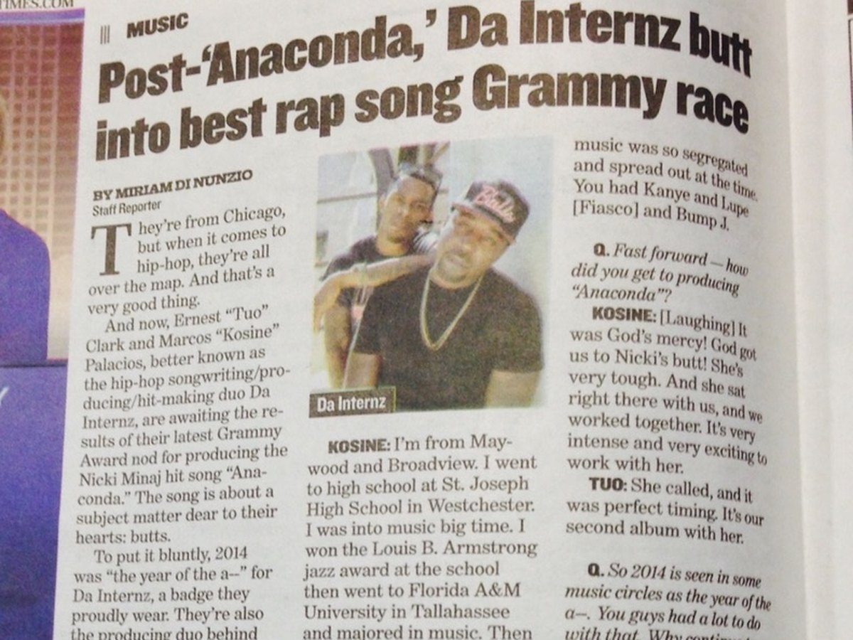 Chicago Sun-Times clipping: Post-Anaconda, Da Internz in the best rap song Grammy race