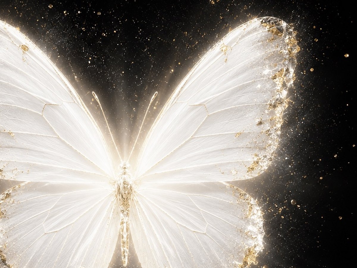 Detail of the White Butterfly artwork, a wing edged in gold dust