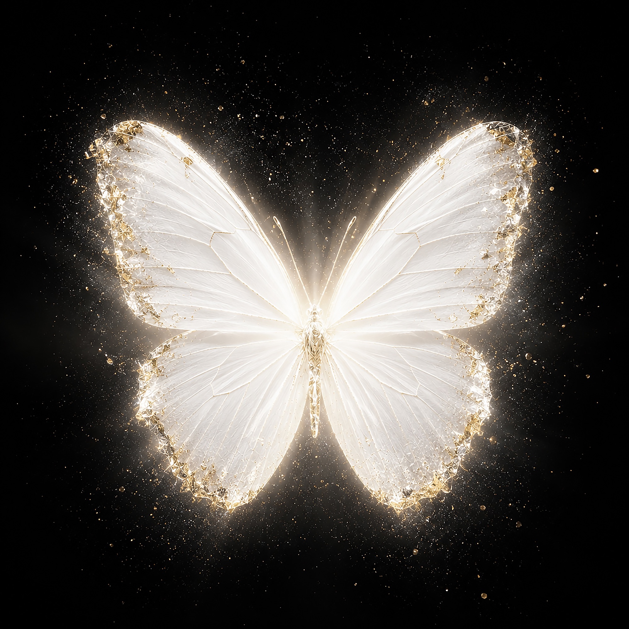 White Butterfly single artwork: a glowing white butterfly edged in gold on black